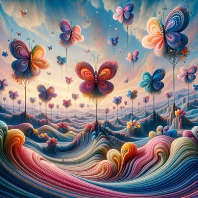 The primary subject of the image is a vibrant and colorful painting of a field filled with flowers. The setting is a lush, colorful garden with a variety of flowers, including butterflies, scattered throughout the scene. The visual style is a digital art or illustration, creating a whimsical and imaginative atmosphere. The dominant colors are pink, purple, and yellow, giving the painting a cheerful and uplifting mood.